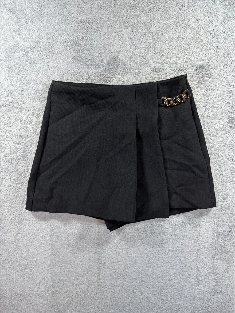 Zara Black Asymmetric Mini Skort with Gold Chain Accent